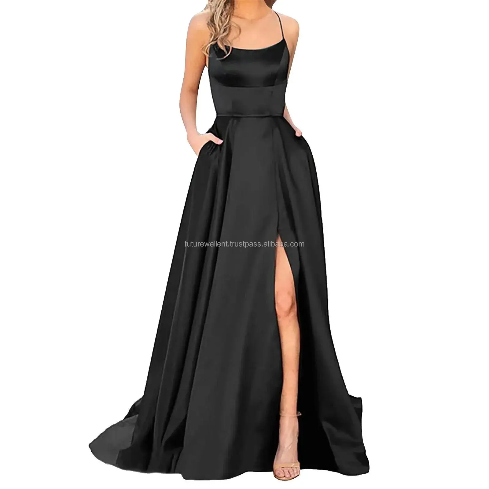 Women Backless Long Dress Satin Side Slit Wedding Evening Party Prom Dress With Pockets Elegant Party Dresses For Women