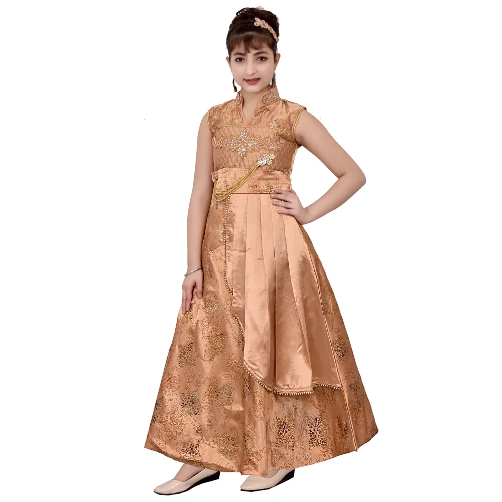 Best Quality Silk Satin Floral Print Long Maxi Gown Dress Girls 4-11 Years Sleeveless Party Spring Most Children Clothing