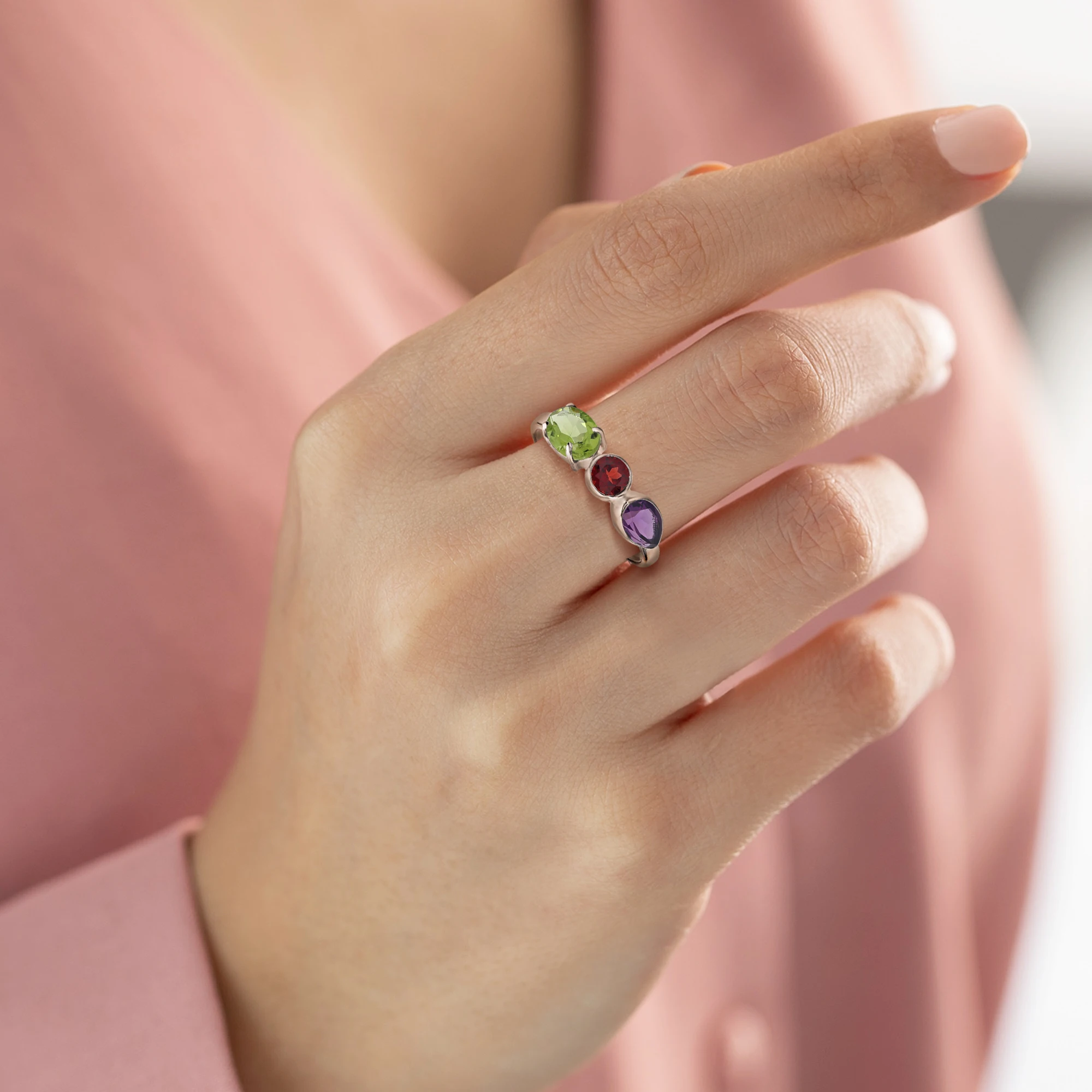 Trendy 925 Sterling Silver Oval Round Pear Cut Natural Peridot Garnet Amethyst Faceted Gemstone Band Ring Fine Jewelry For Women
