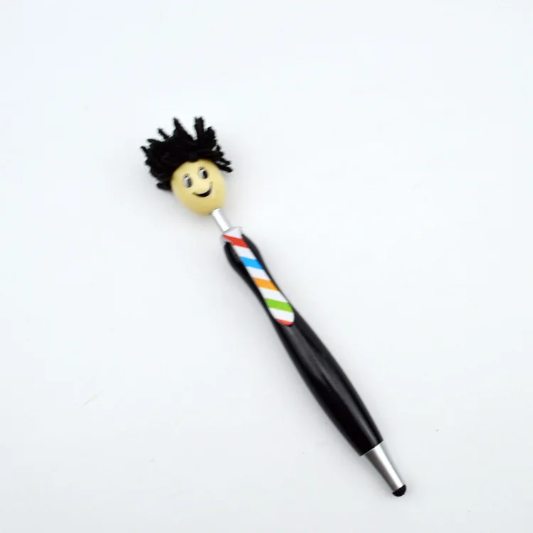 Wholesale Custom Logo Doll Head Stylus Screen Ballpoint Pen High Quality Promotional Smiley Mop Head Pen Mop Topper Pen