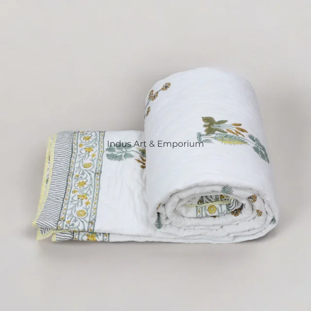 Yellow Flower Cotton Jaipuri Razai Filling Quilt King  Hand Block Printed Hand Quilted Blanket Warm Bed cover Throw