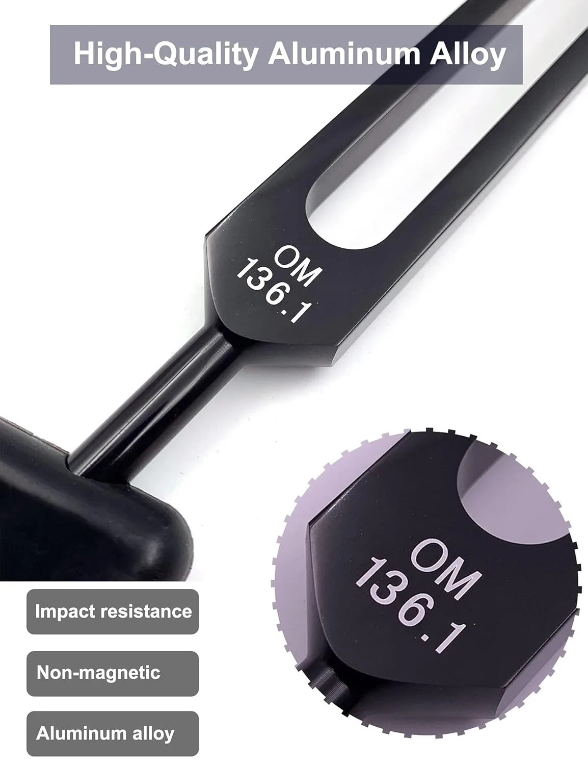 OM 136.1 hz Tuning Fork Black Coated with Silicon Hammer Available in Stainless Steel Aluminam and Silver Material