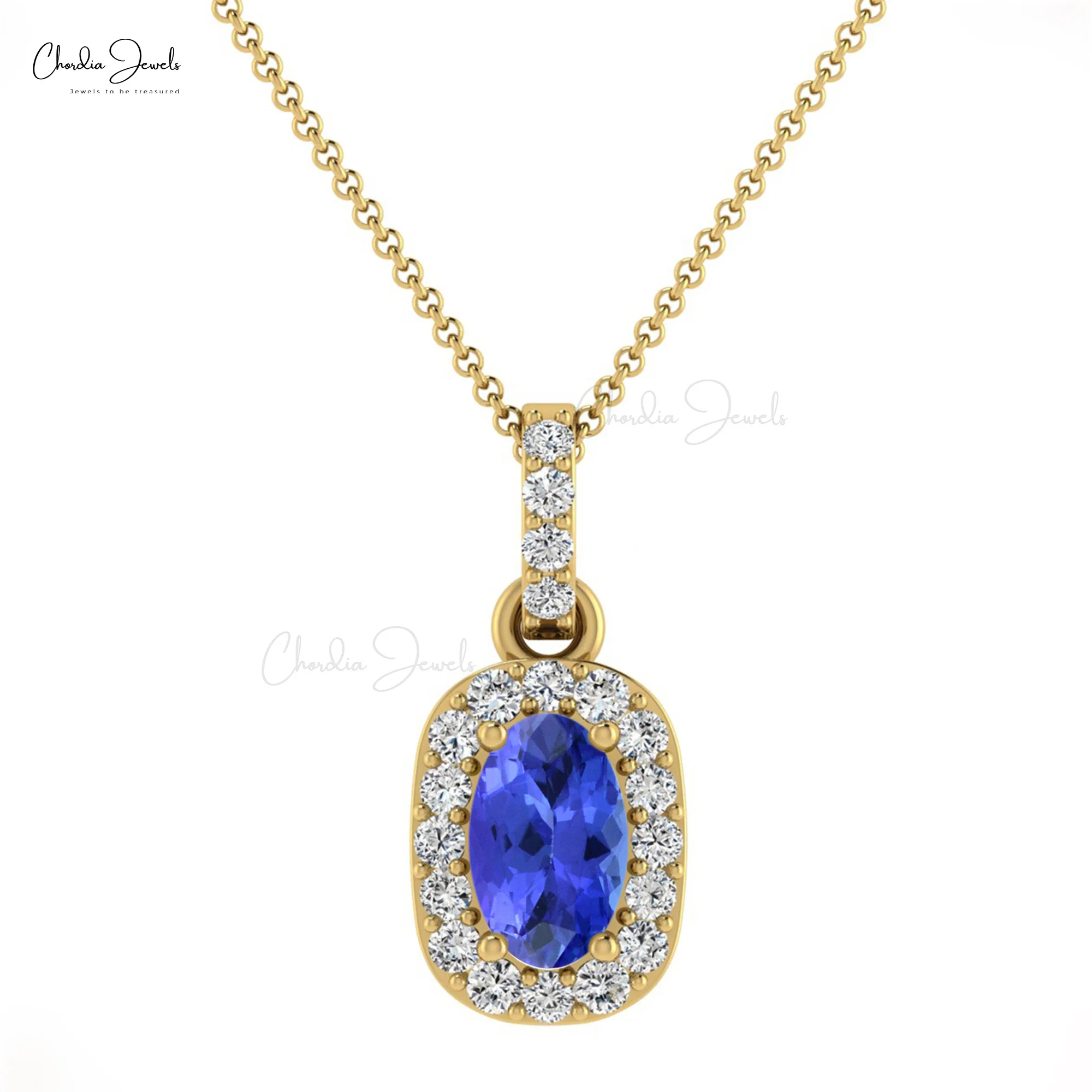 Factory Wholesale 14k Solid Gold Pave Set Diamond Halo Pendant 7x5mm Oval Cut Genuine Tanzanite Pendant For Ladies With No MOQ