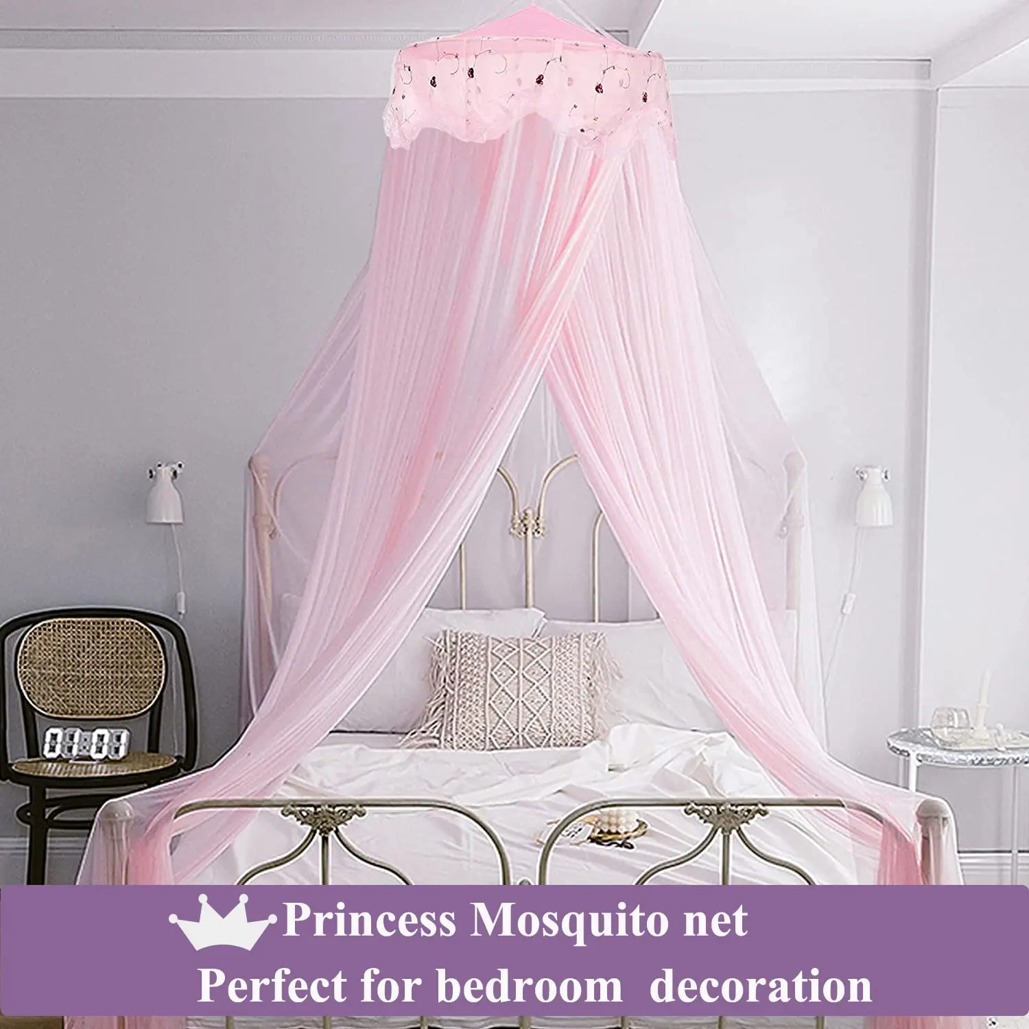 Princess Pink Mosquito Mesh Net for Bed Large Dome Hanging Bed Canopy for Girls with Round Lace  for Punch-free Installation