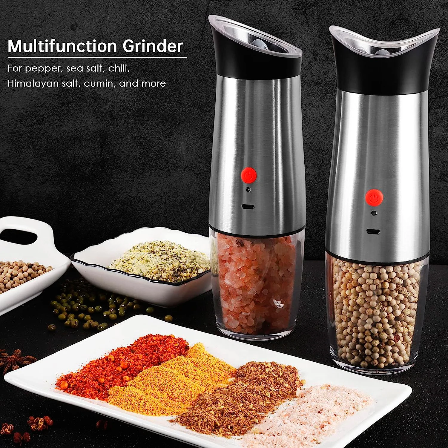 Electric Salt and Pepper Grinder Set Battery Operated Stainless Steel Mill with Light
