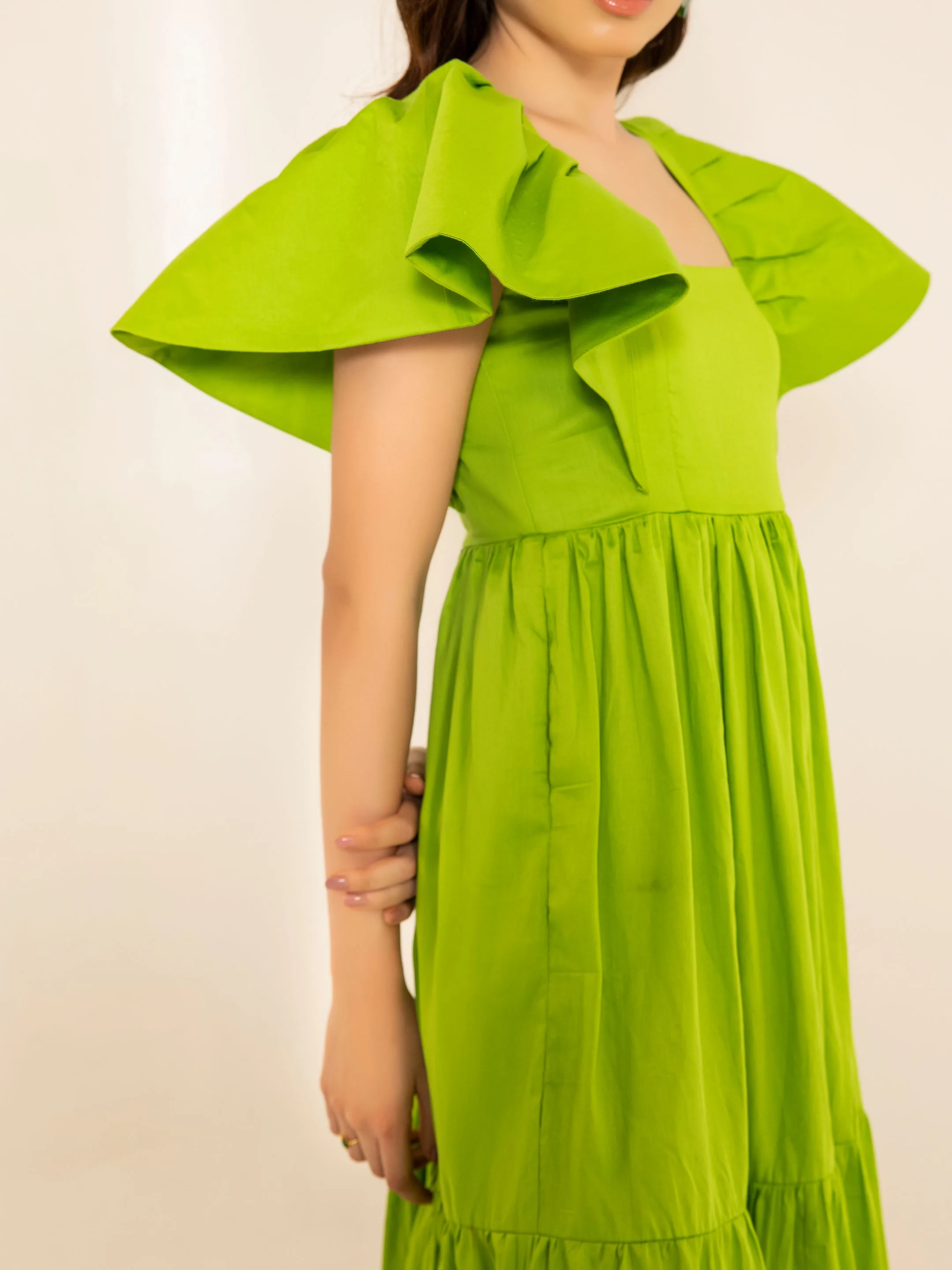 Custom Lime Zest Green Batman Sleeves Maxi Dress Best Quality High Finishing Product Women & Girls One Piece Dress At Low Price