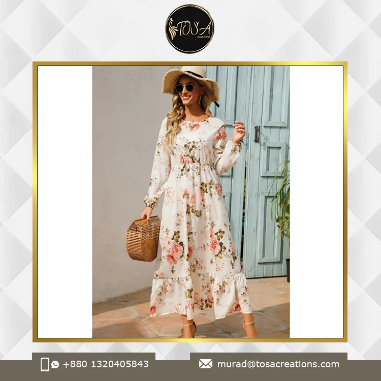 Washable Elastic Waist Midi Length Dress Best Quality Manufacturer of Custom Design Digital Print Women Floral Midi Dress