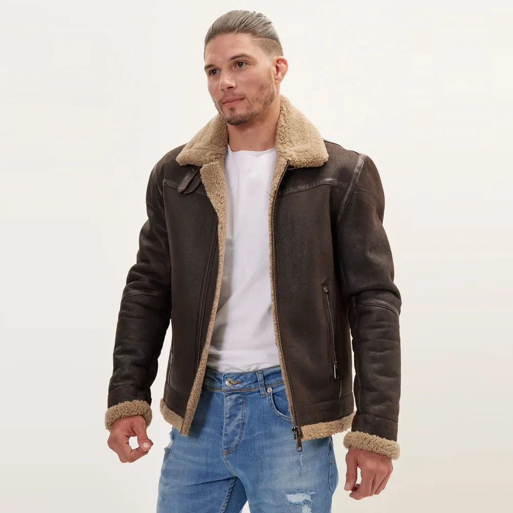 Premium Shearling Lined Leather Jacket Brown Luxurious Winter Fashion Outerwear for Men Casual Fashion Wear