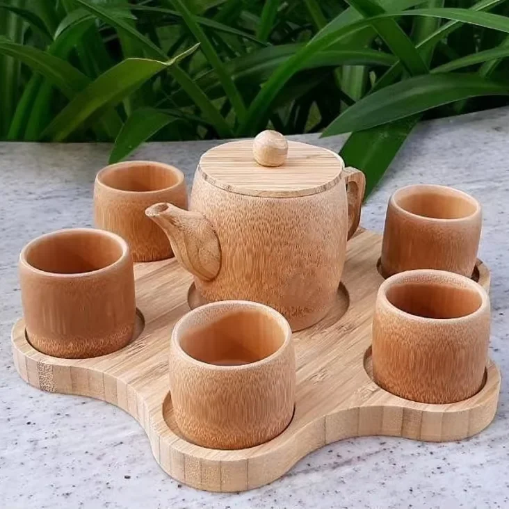 High Quality 6-Cup Bamboo Teapot with Eco-Friendly Logo Tray Mugs Water Bottle Green Bamboo Gifts