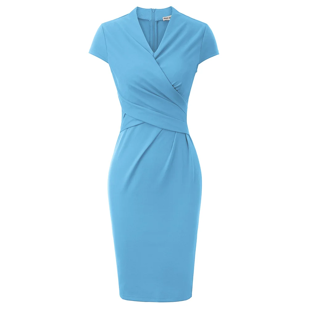 CLE02037 GK Fashion Womens Pleated Pencil Dress Short Sleeve Surplice V-Neck Hips-Wrapped Black Bodycon Dresses