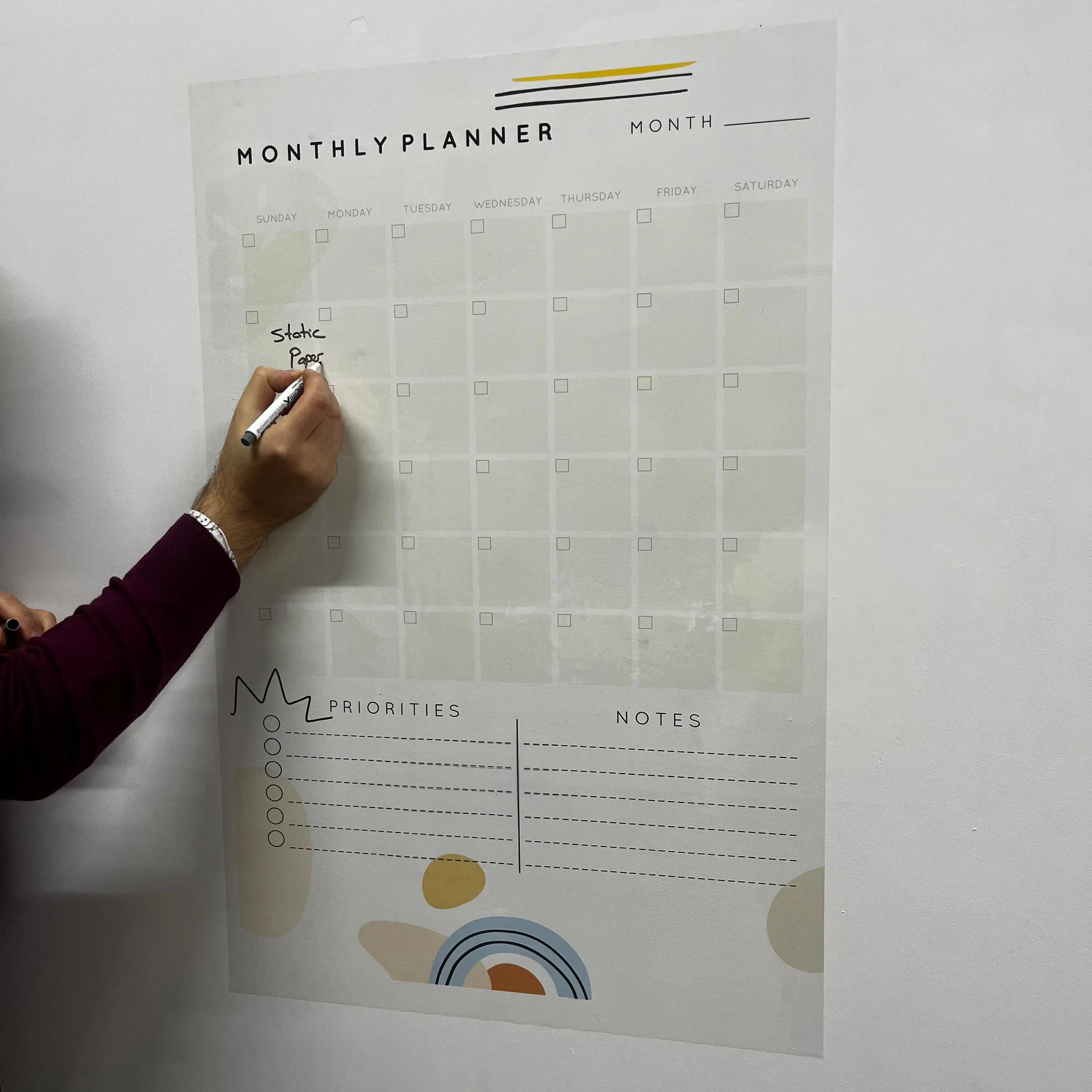 Reusable Monthly Planner Organizer Model-17 Durable Polystyrene Material Dry-Erase Whiteboard Surface Static Electricity Holding