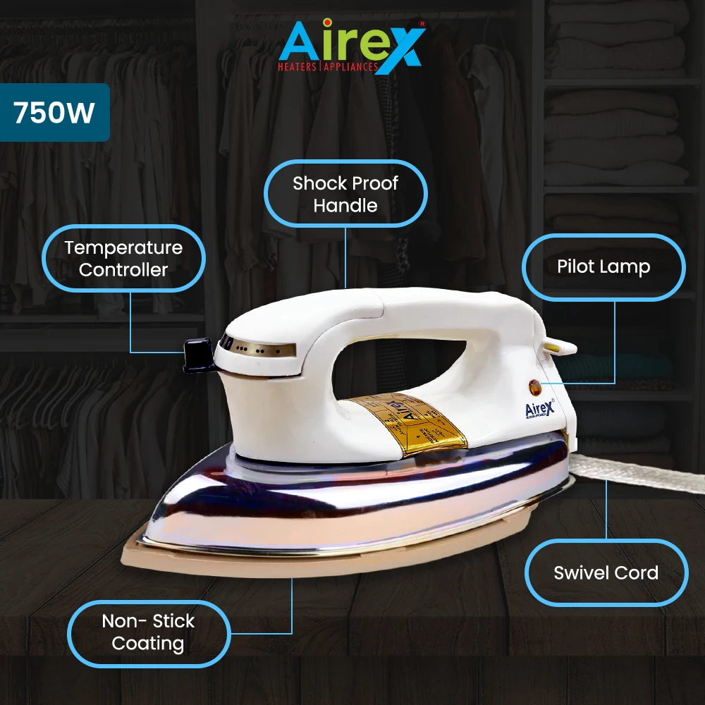 Airex Dry Iron Plancha Golden Sole Plate Iron Temperature Controlling Clothing Iron ABS Plastic Body(Light Weight,750 Watt)