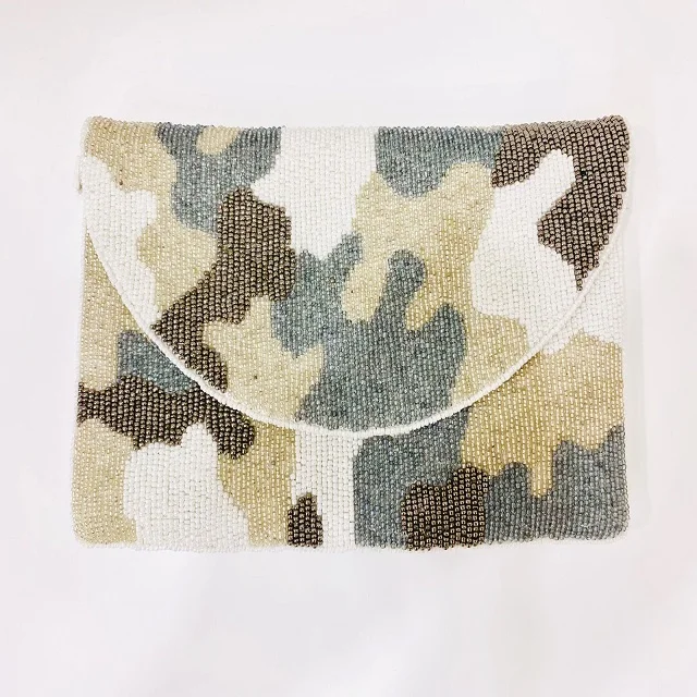 Antique Gretta Gray Camo Beaded Cross Body Chained Clutch Indian Handcrafted Camouflage Print Crystal Beaded Sling Clutch