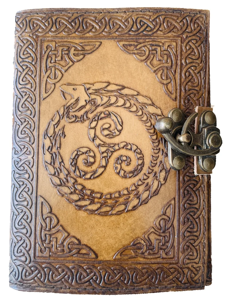 Dragon Embossed Leather Writing Notebook Hardcover Gift Journal Antique Journal Celtic Emboss Writing Green Spell Deckle Book