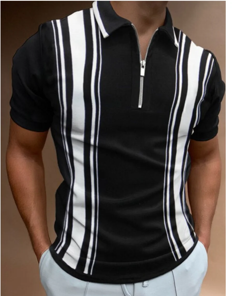 Men Zipped Polo Shirts Plaid Short Sleeve Tee Golf Tennis T-Shirt Casual Lapel Tops