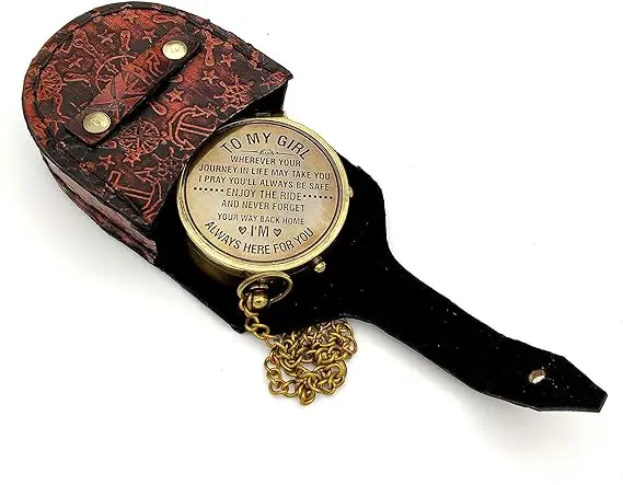 US Coast Guard Engraved Brass unique Compass Nautical Marine Gift Navigation Compass for Hiking Camping with Leather Case