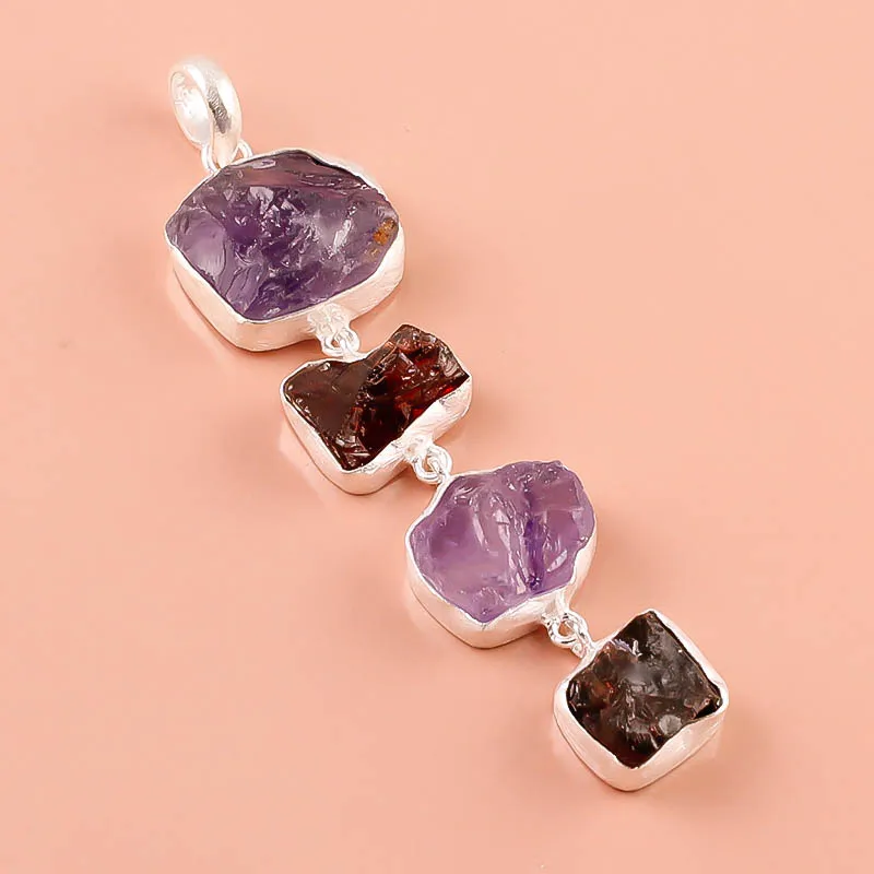 925 Sterling Silver Natural Raw Blue Kyanite , Amethyst, Garnet Gemstone Pendent, Handmade 925 Silver Gemstone Jewelry Exporter