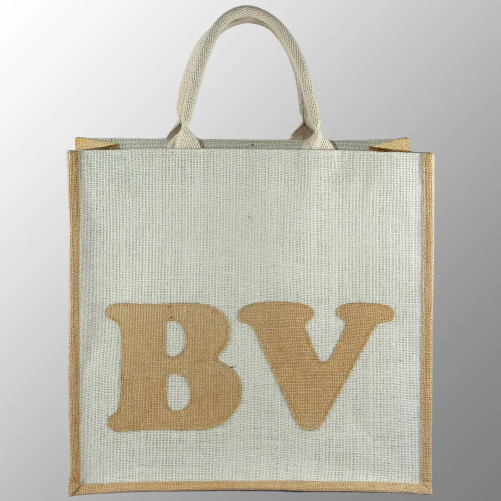 custom designed jute shopping bag with applique work and cotton web handles padded with rope inside Jute gift promotion bags
