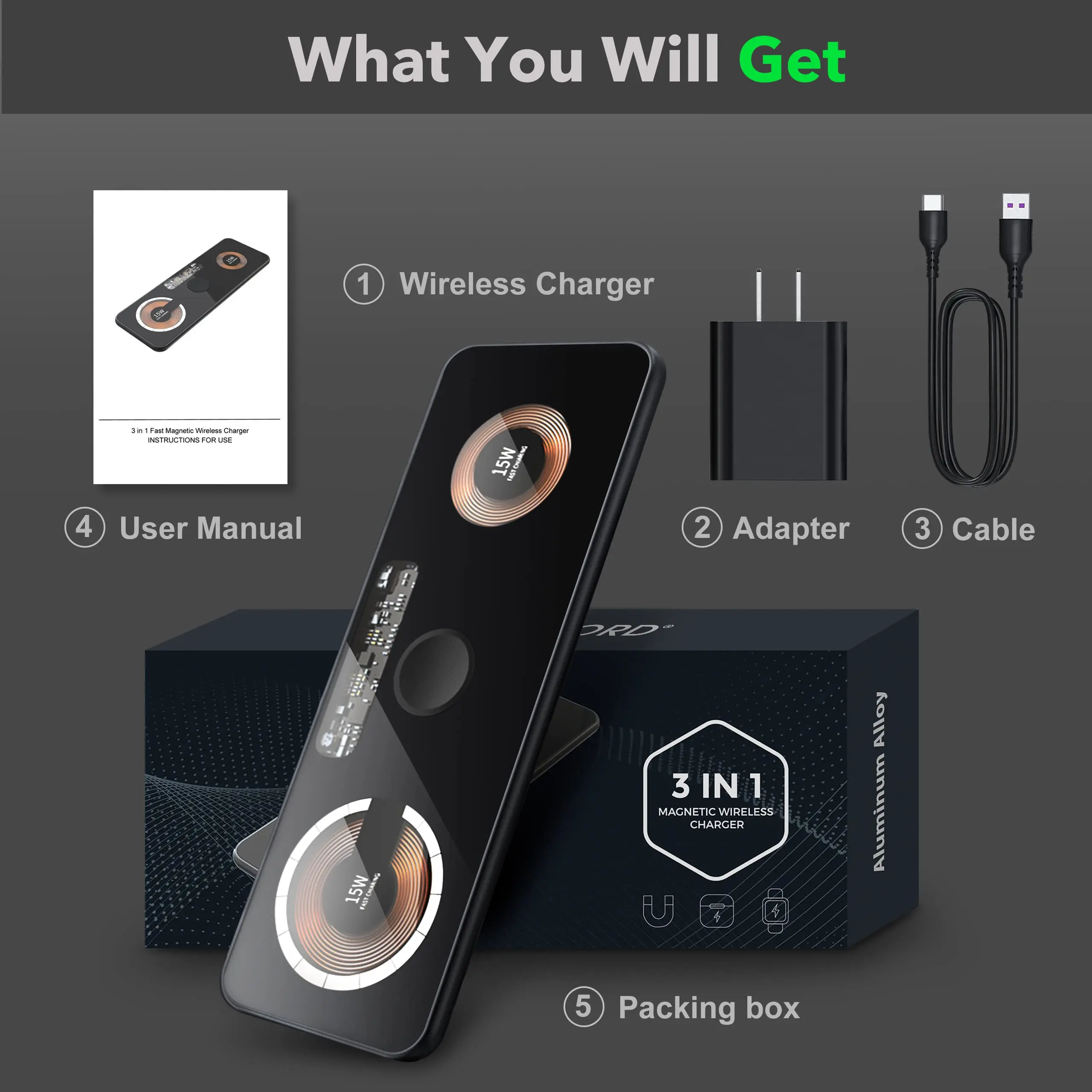 Travel temper glass Dual 15W Fast Transparent panel  Magnetic Station Aluminium Alloy Body 3 in 1 Fast Wireless Charging Pad