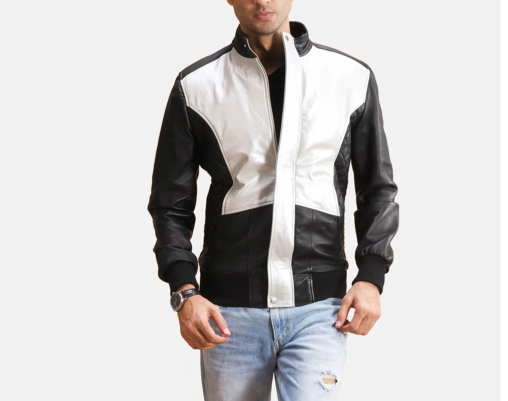 White black contrast design full zipper custom made crew neck pure leather jacket for men