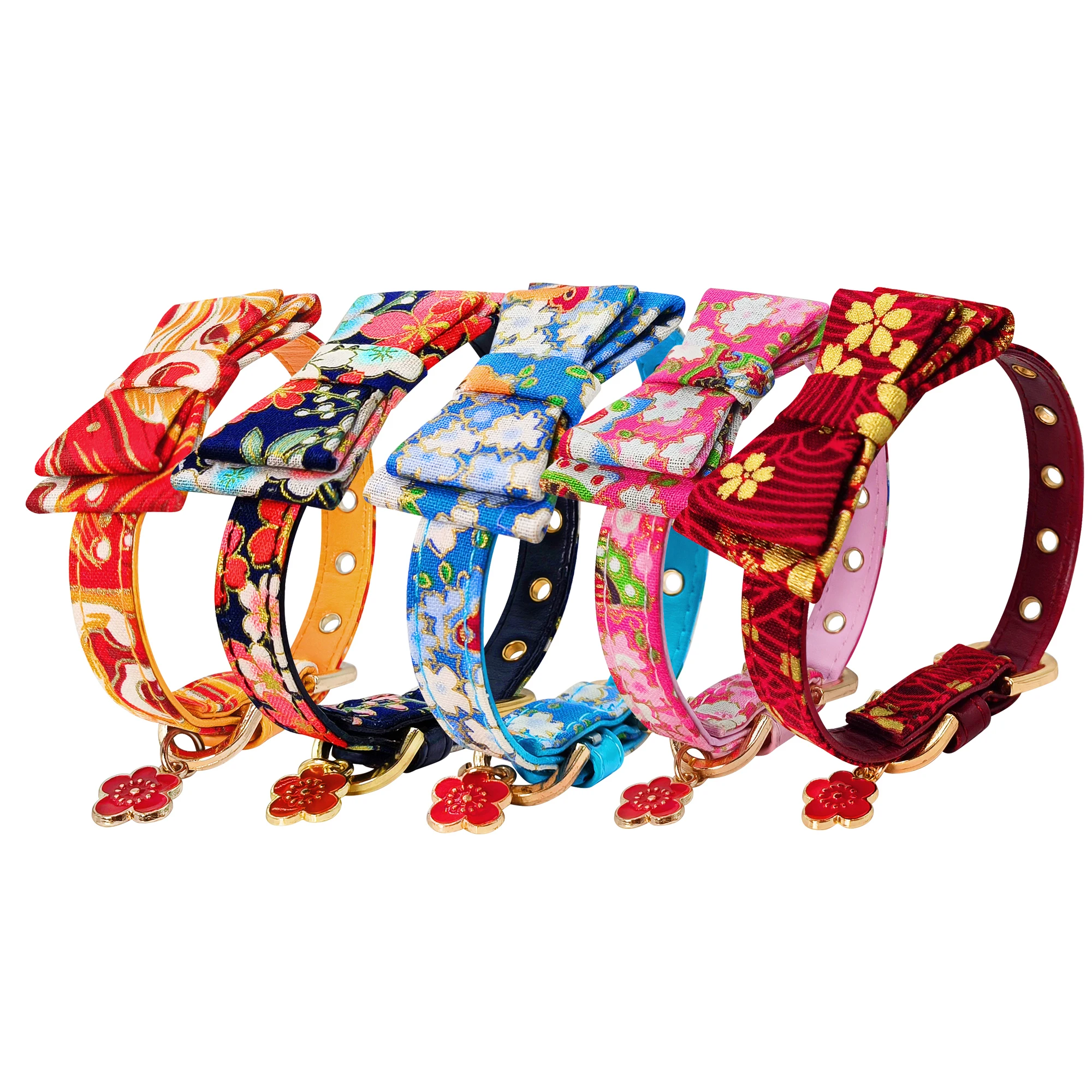 Customized Japanese-style Bowtie Cat Collar with Bell and PU Leather Neck Strap Adjustable Cat Pet Strap Bowknot