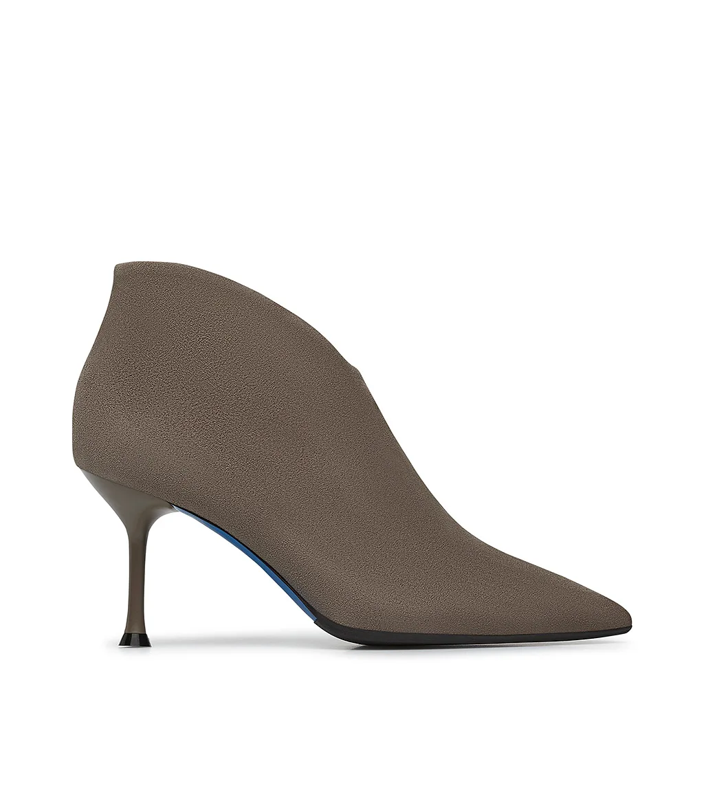 Exclusive mud-tone suede ankle boots with U-neck 100% made in Italy iconic blue leather outsole and stiletto heel for wholesale