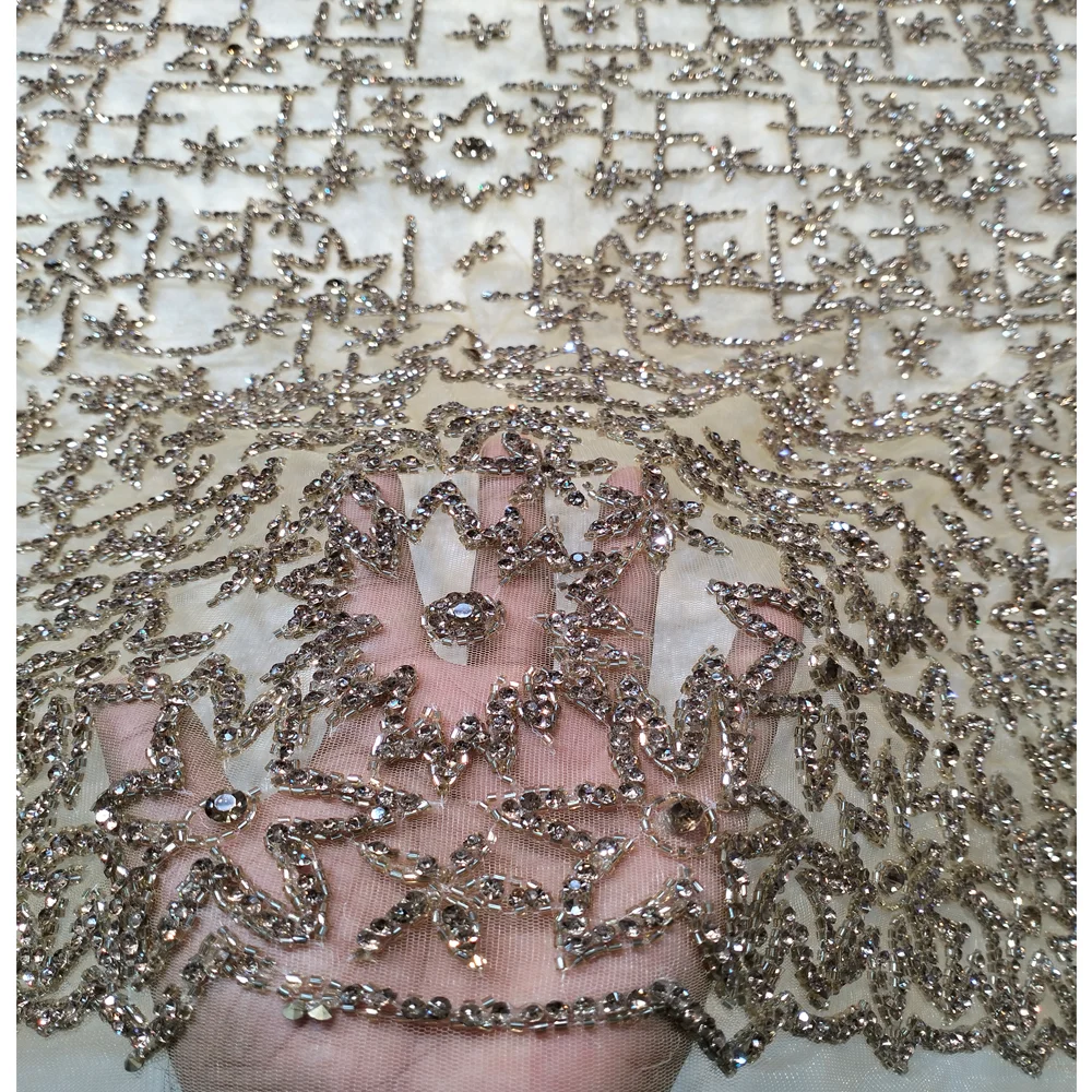 Luxury Net Lace Hand Beaded Fabric Bridal Women Dresses Heavy Crystal Stone Beaded For Partywear Fabric