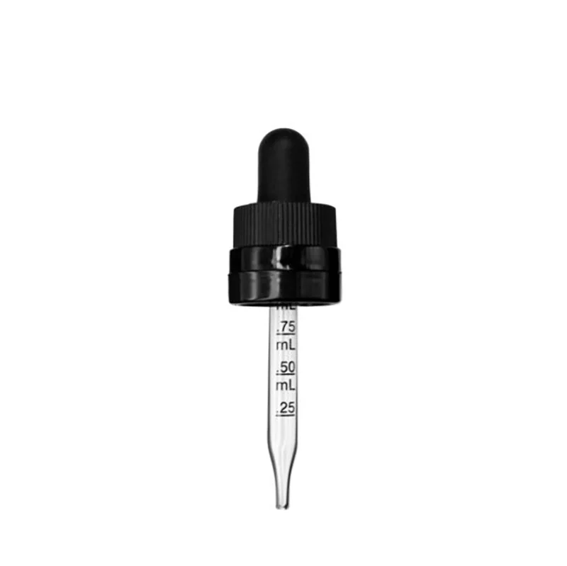 75 mm Black Polypropylene Cap  Bulb Glass Droppers  PP caps Straight Point Child-Resistant Glass Droppers with Graduated Marks