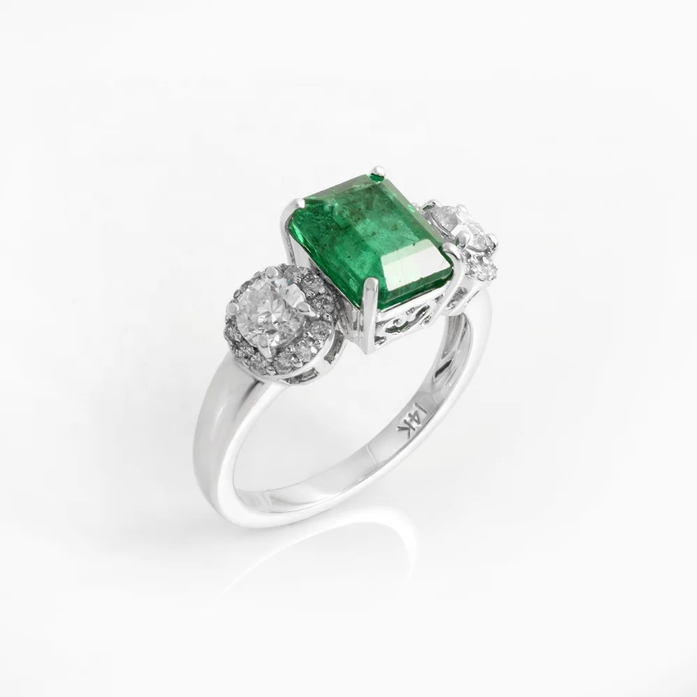 Genuine Green Emerald Diamond Gemstone Design in 14K White Gold Ring Gemstone Ring natural gemstone ring