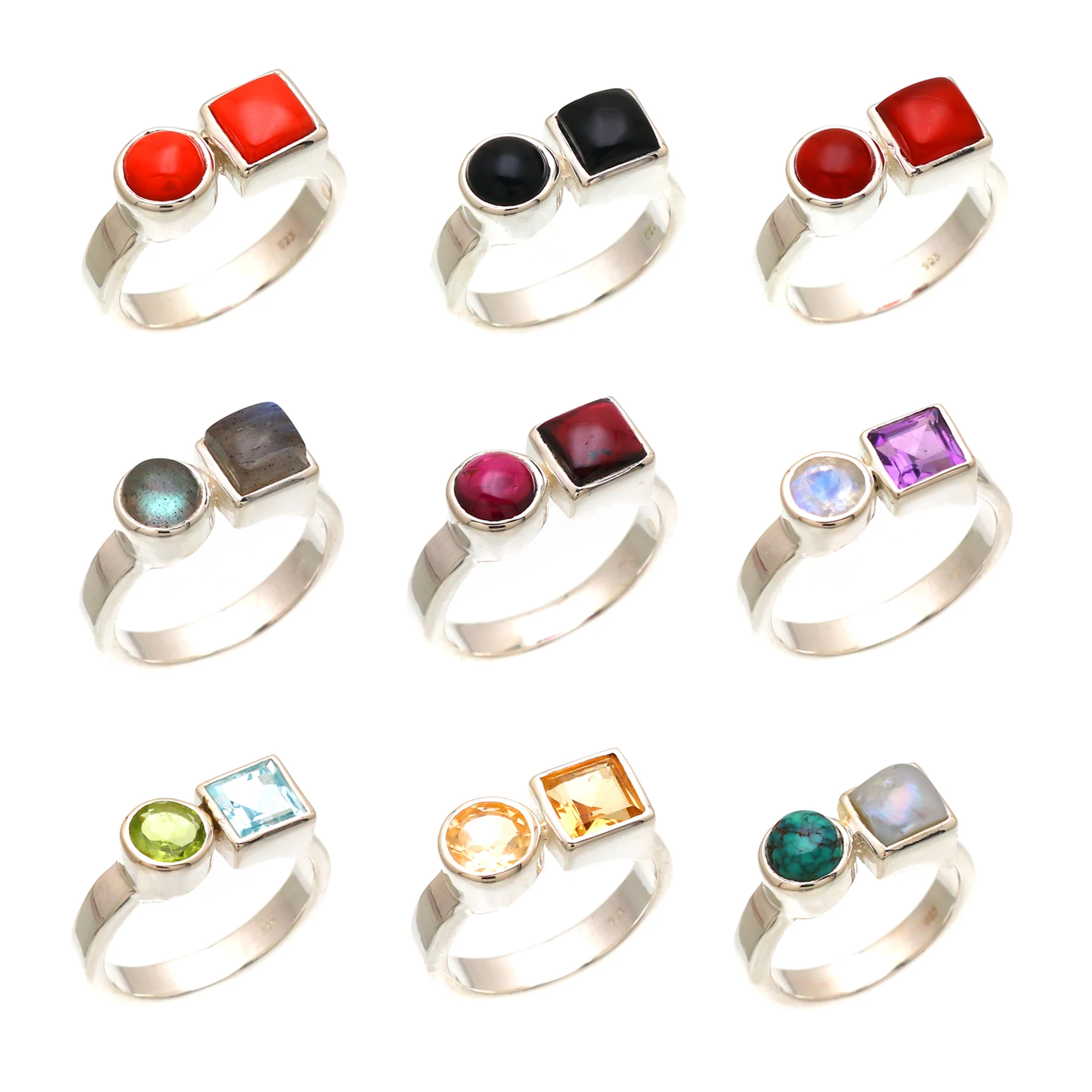 Wholesale Natural 925 Sterling Silver Ring Handmade Birthstone Wedding Party Gift Mom Wife Black Onyx Coral Garnet Amethyst