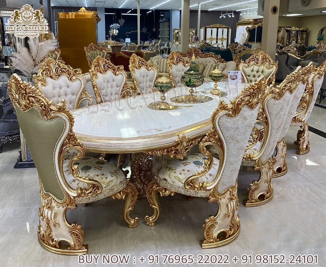 Russian Style Hand Carved Black Gold Dining Table Latest Handcrafted Gold Polished Dining Designer Heavy Crafted Dining Room Set