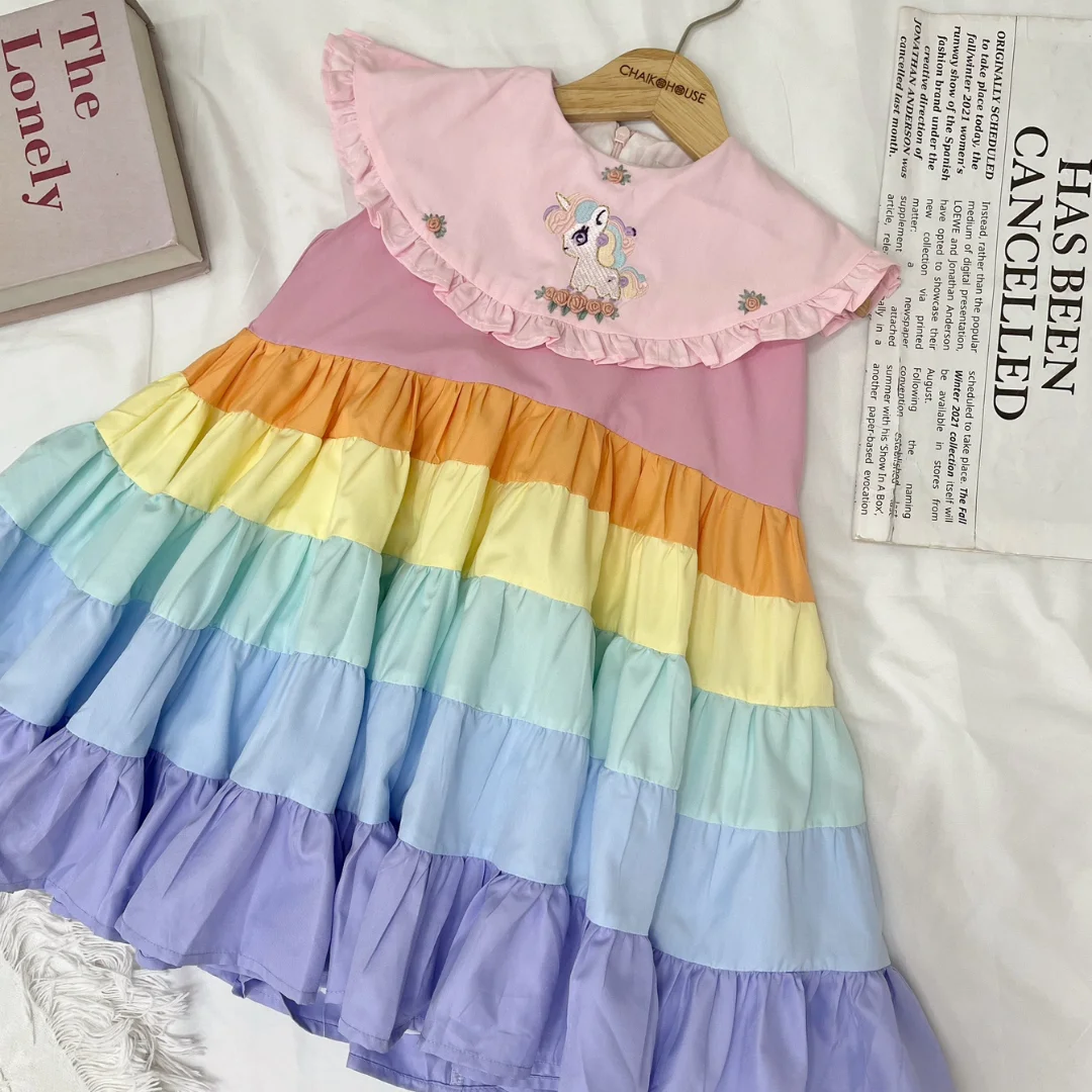 100% Cotton Unicorn Embroidery Flower Baby Girl Dress Colorful Unicorn Style Summer Children New Design Mix Color