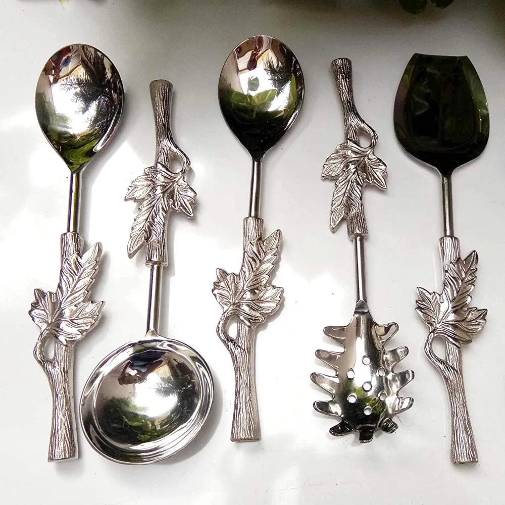 Stem with Leaf Handle Serving Spoons Ceramic Handle Rose Stainless Steel Dessert Cutlery Salad Coffee Spoon
