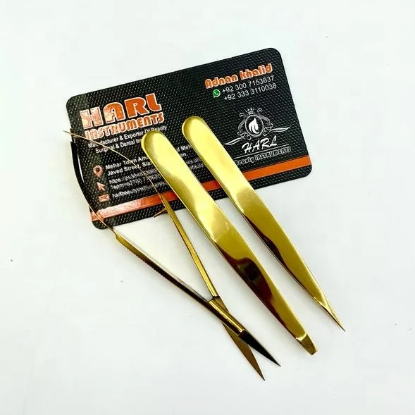 Gold Plasma slanted Eye Brow Tweezers and spring scissor Custom Label pointed eyebrow tweezers and eyelash scissor makeup tools