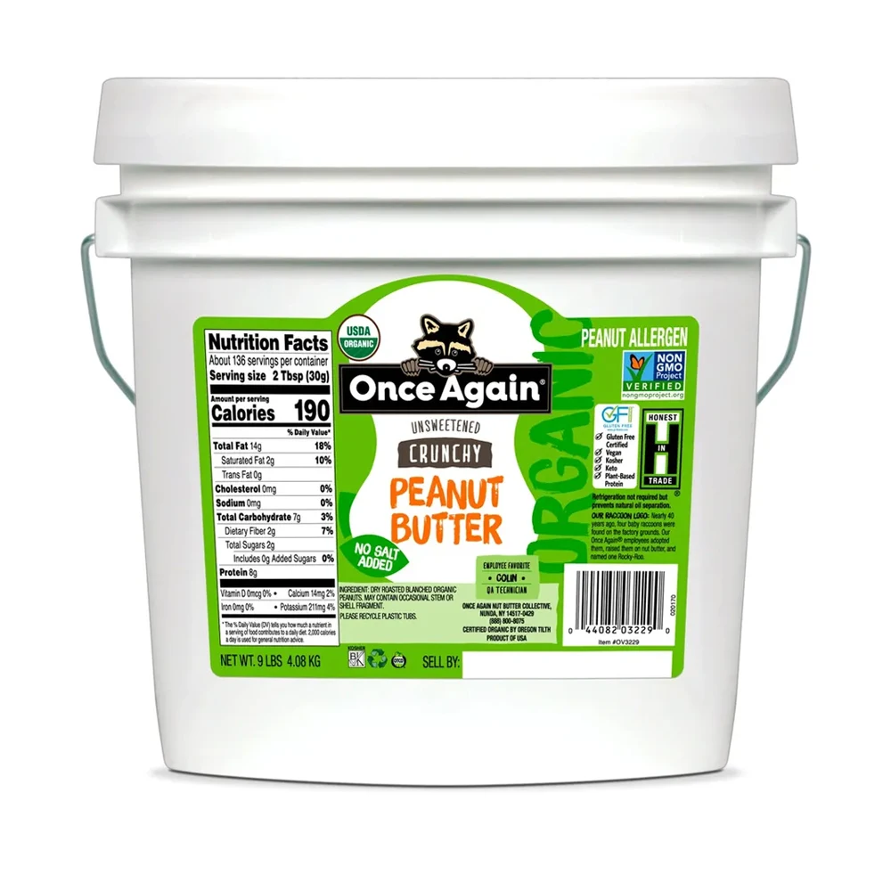 Premium Quality Organic Crunchy Unsalted Peanut Butter 9lb Pail Salt-Free Unsweetened Non-GMO Gluten-Free Vegan Bulk Food