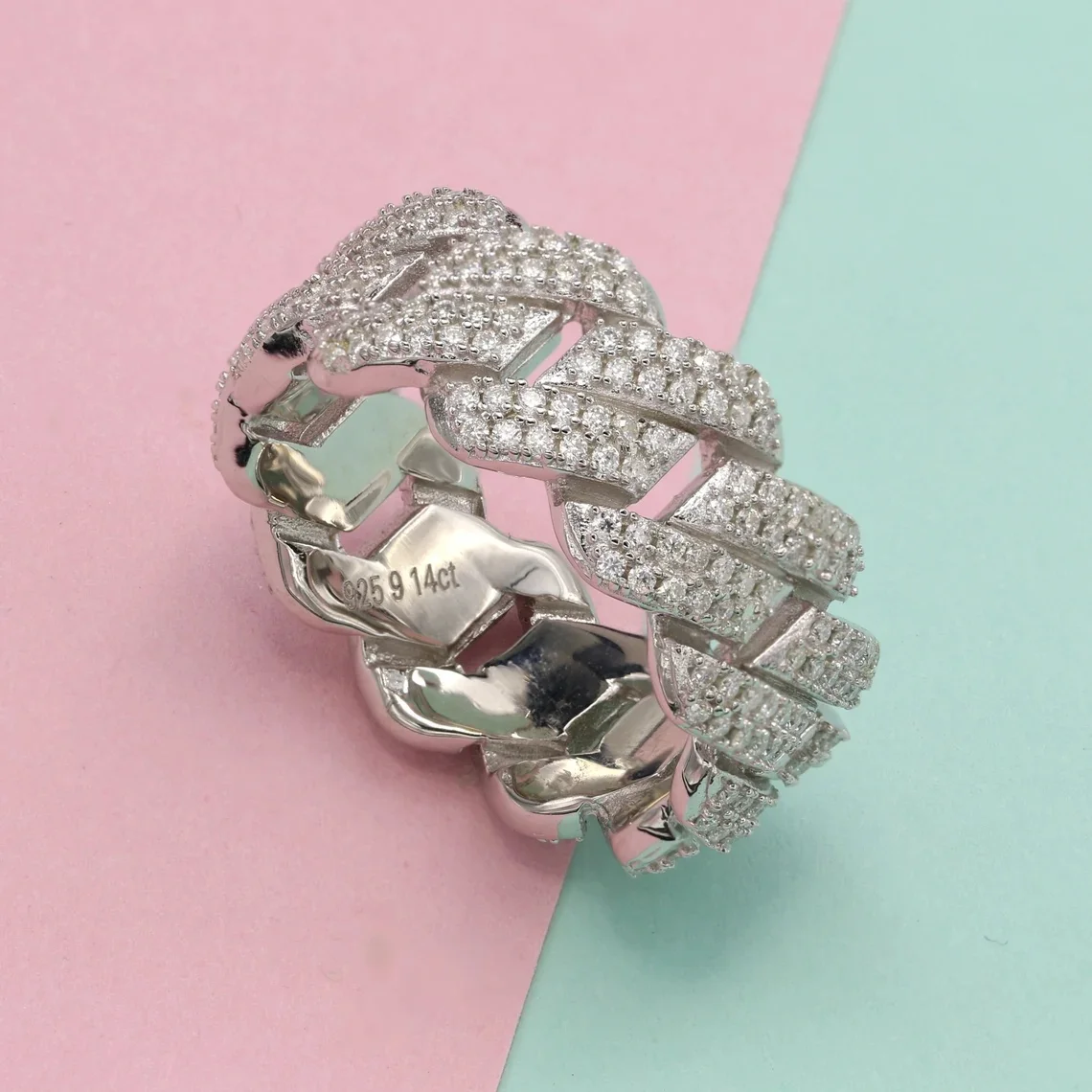 925 Sterling Silver 10mm Moissanite Monaco Cuban Link Hip Hop Ring Custom Jewelry Men Ring Sterling Silver Baguette  Ring