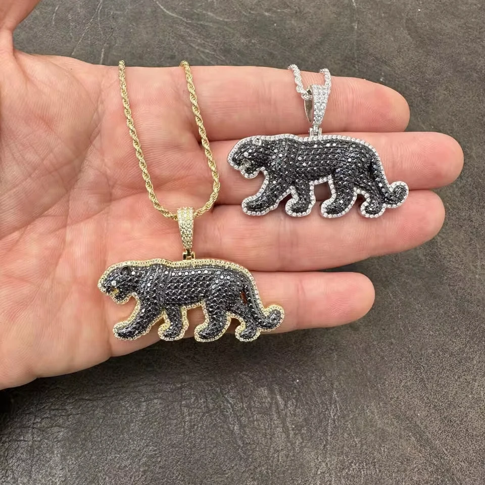 14k Золотая Черная пантера Модный кулон для мужской бижутерии черный цвет бриллиант Кулон 925 посеребренный