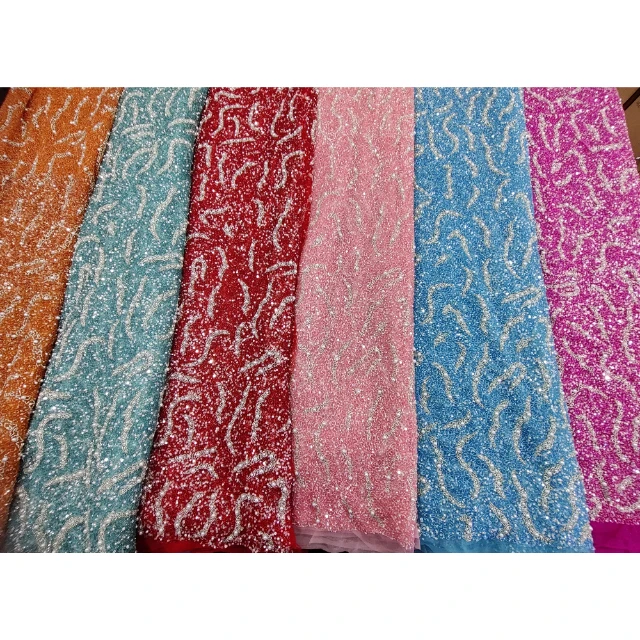 Fully Beads and Pearl Detailing Embroidered Designer Net Fabric for Women Western and Traditional Dress Evening Dress Fabric