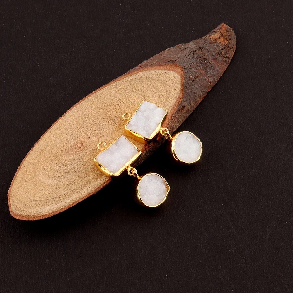 Gold Plated White Agate Druzy Earring Connector/ Collet Sett Rectangle & Round Shape Gemstone Finding Jewelry
