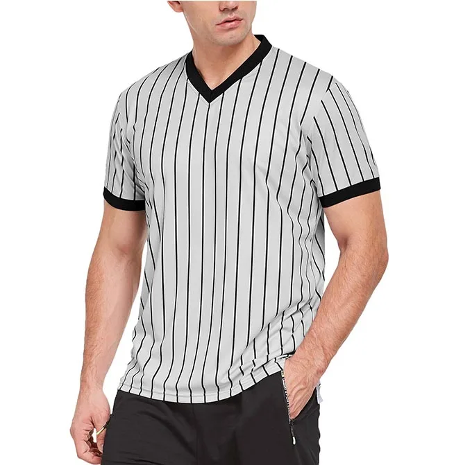 Basketball referee Shirt Black and White Stripe Short Sleeve Mesh Football Referee Shirt Men Half Zipper Collar Referee Shirt