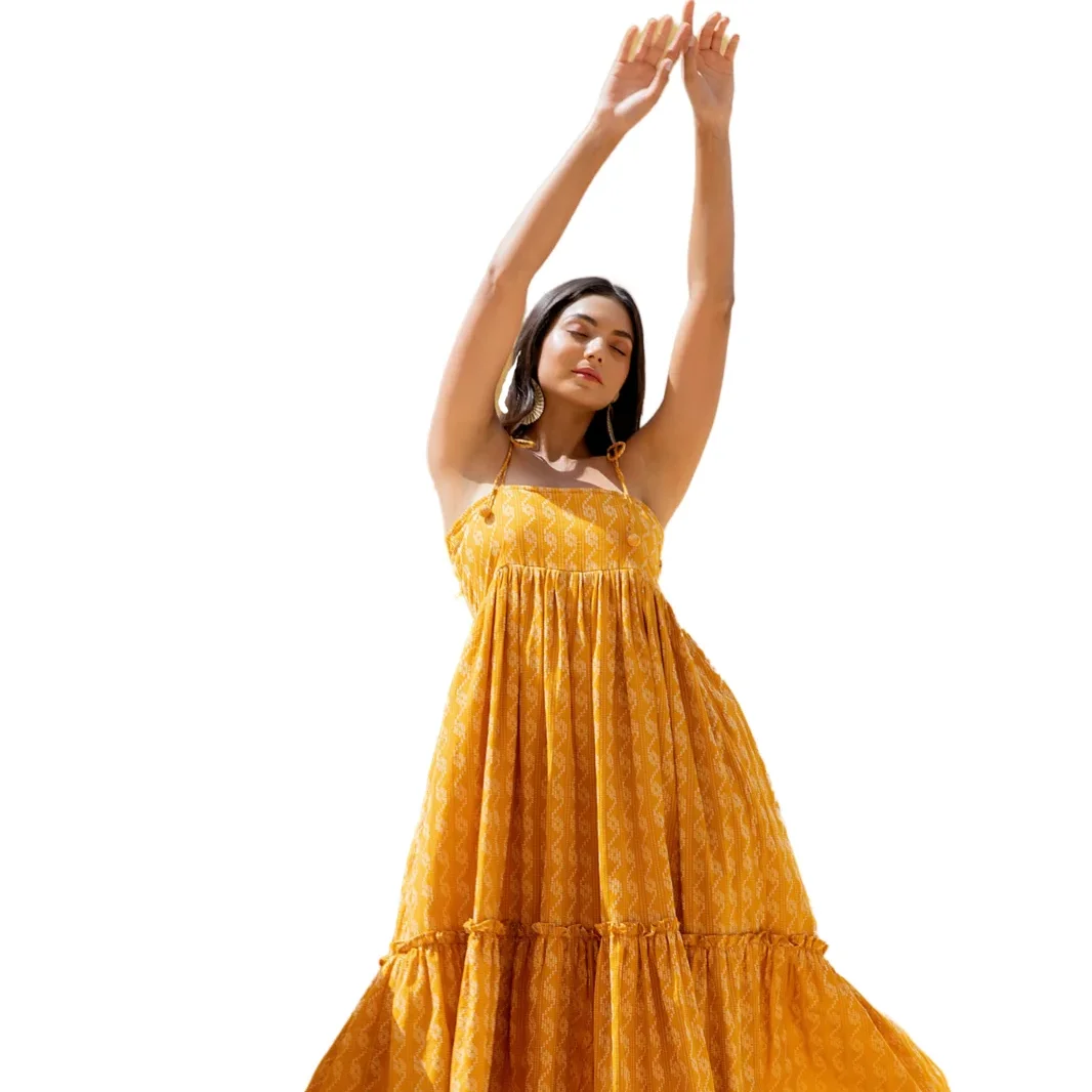 Signal Yellow Shoulder Tie Up Flared Dress In Cotton Kantha western look girl dress amazing quality one piece new fashion dress