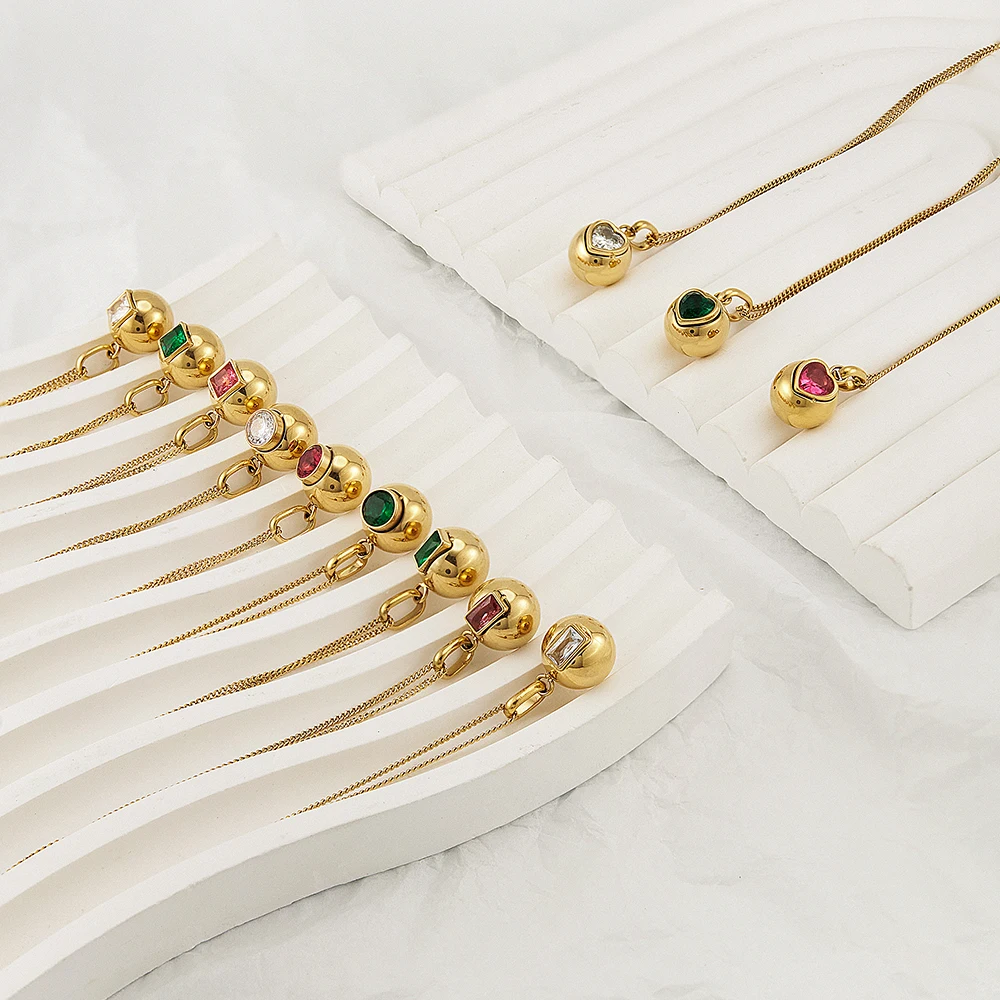 18K Gold Plated Stainless Steel Jewelry Colored Square Rectangle Heart Zircon Circle Ball Pendant For Women Necklace P243450