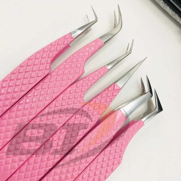 Pink Color Coated Stainless Steel Hand Tested Diamond Grip Eyelash Extension Tweezers/ Tweezers for Eyelash Extension
