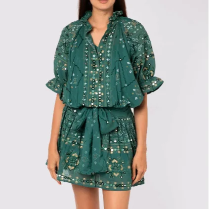 Perfect Party Women Bottle Green Mosaic Print Mirror Detail Embroidered Blouson Romantic Ladies Dress For Social Butterflies