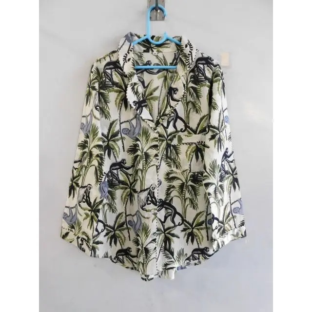 Indian Cotton Monkey Hand Block Printed Green Casual Sleepwear Long Sleeve Night Suit Comfortable Pajama Set