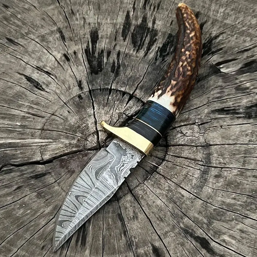 Mini Pocket Carry Knife Fixed Blade Hunting Skinning Knife Damascus Steel made skinner Knife for online sale