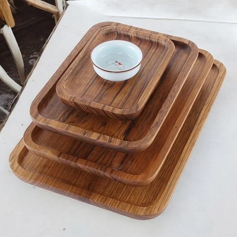 premium product wooden serving tray Elegant Wooden Serving Tray with Metal Handle Dining Tableware wood tray for christmas gift