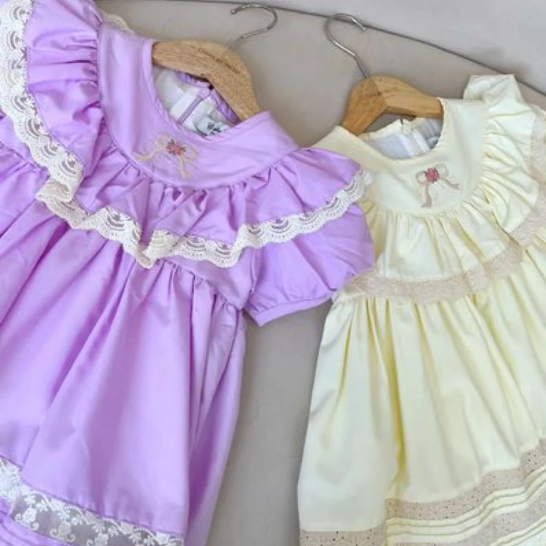Autumn Design Haru Dress for Baby Girls 100% Cotton O-Neck with Yellow Purple Flower Embroidery Mini & Halter Babydoll In Stock