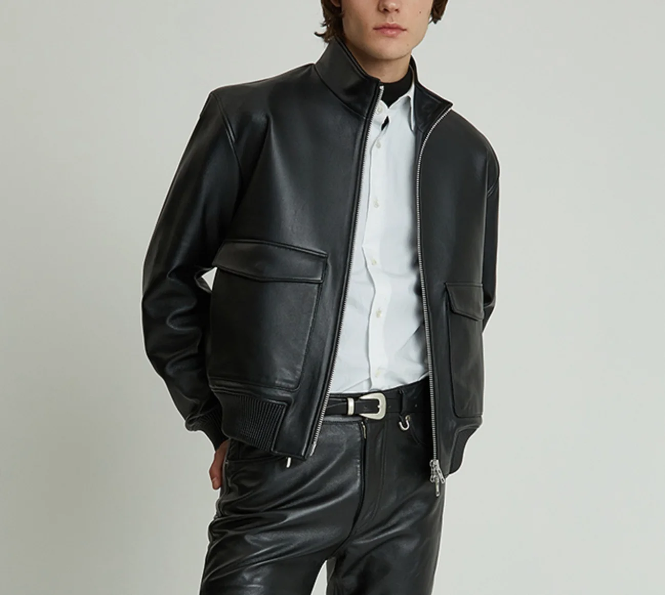 ANDROS из кожи ягненка с высокой горловиной (черный) Бесплатная корейская мода модные товары Новое поступление оптовая продажа одежда 2024