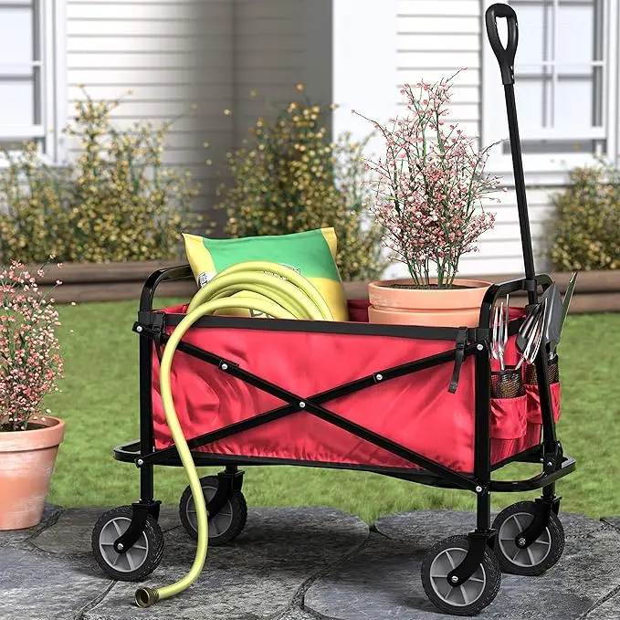 THCW10197 - Basics Collapsible Folding Wagon, Heavy Duty, Utility Wagon for Sports, Camping, Garden, and Shopping, Red